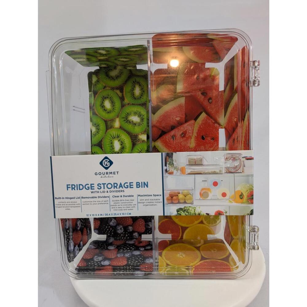 Gourmet Kitchen Fridge Storage Bin Clear Plastic Removable Dividers 12x10x4